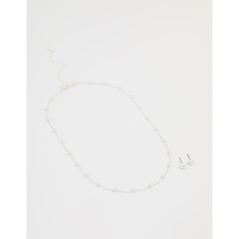 Silver Pearl Necklace & Earrings Set