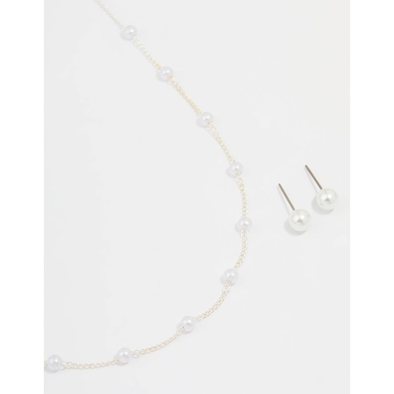 Silver Pearl Necklace & Earrings Set