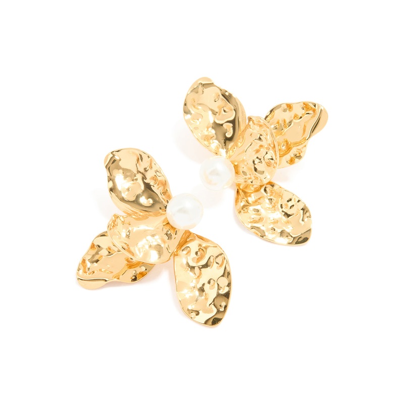 Waterproof Gold Plated Stainless Steel Large Flower Pearl Stud Earrings