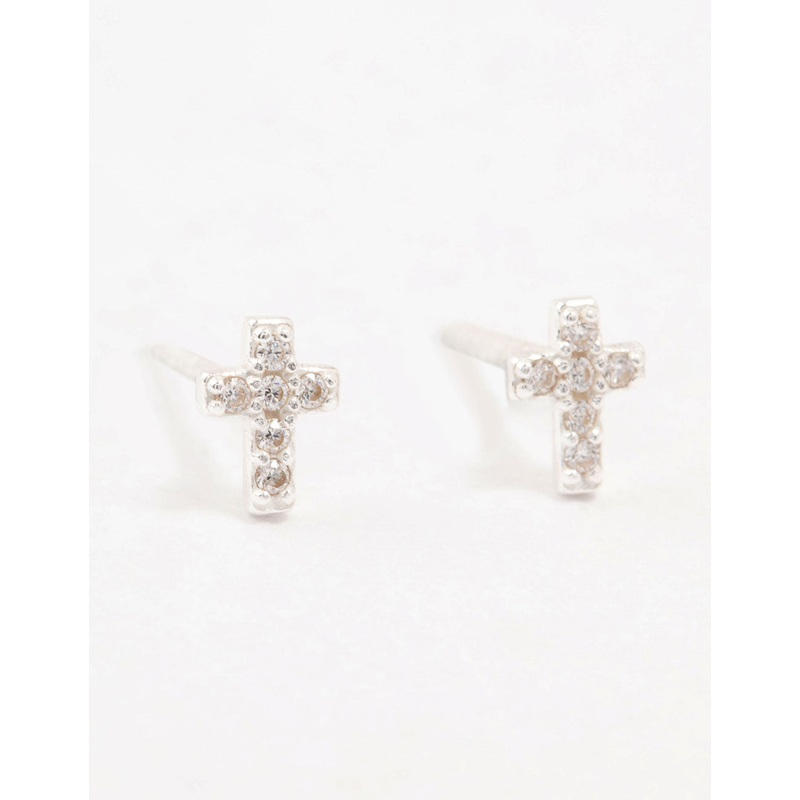 Cubic Zirconia Cross Sterling Silver Stud Earrings