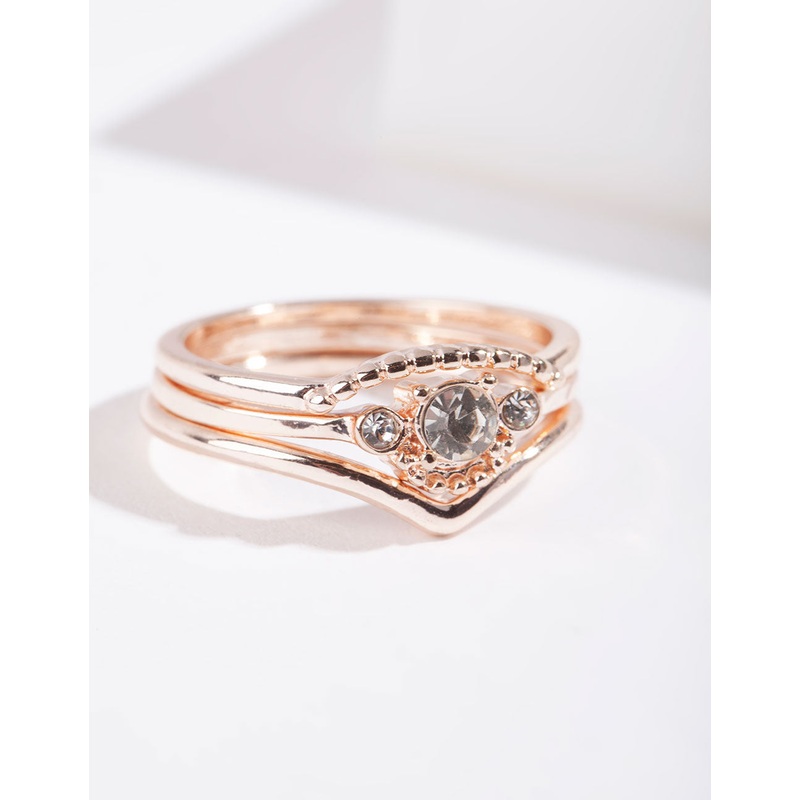 Rose Gold Diamante 3 Band Ring Stack