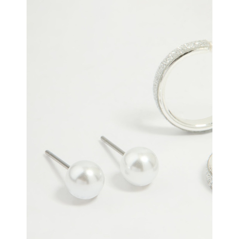 Silver Glitter Paper & Pearl Stud Earrings 2-Pack