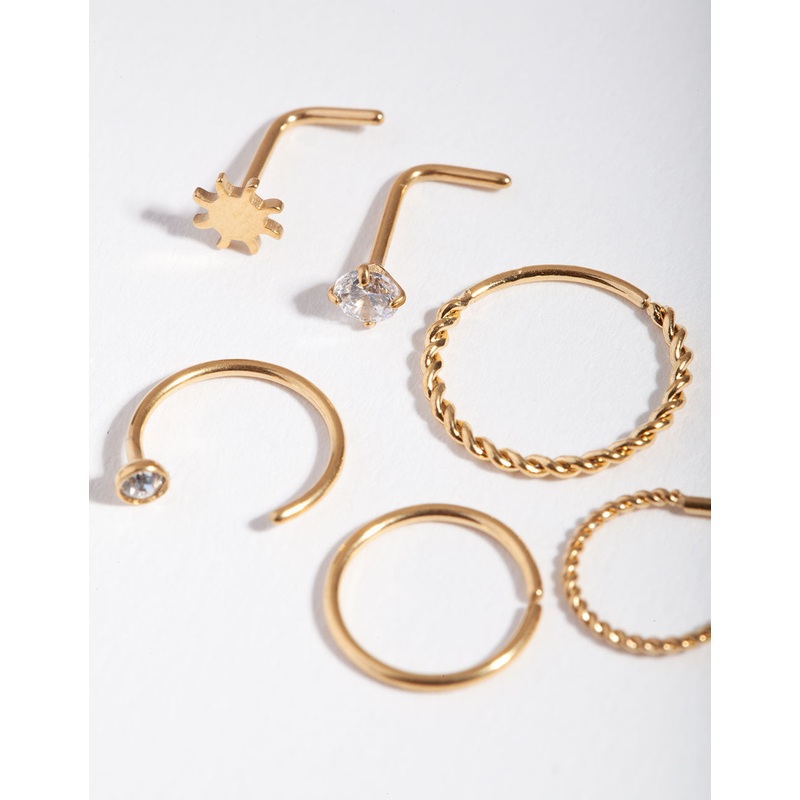 Surgical Steel Gold Sun Twist Diamante Nose Ring 6-Pack