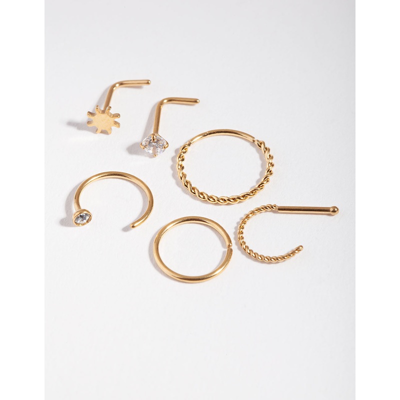Surgical Steel Gold Sun Twist Diamante Nose Ring 6-Pack