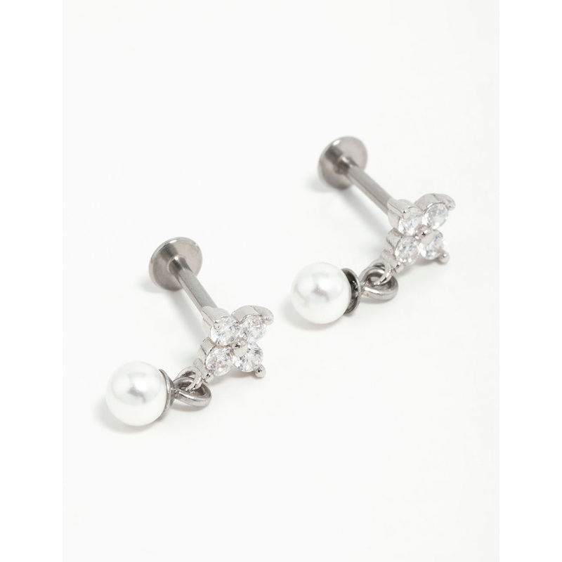 Surgical Steel Pearl Cubic Zirconia Flower Flat Back Earrings
