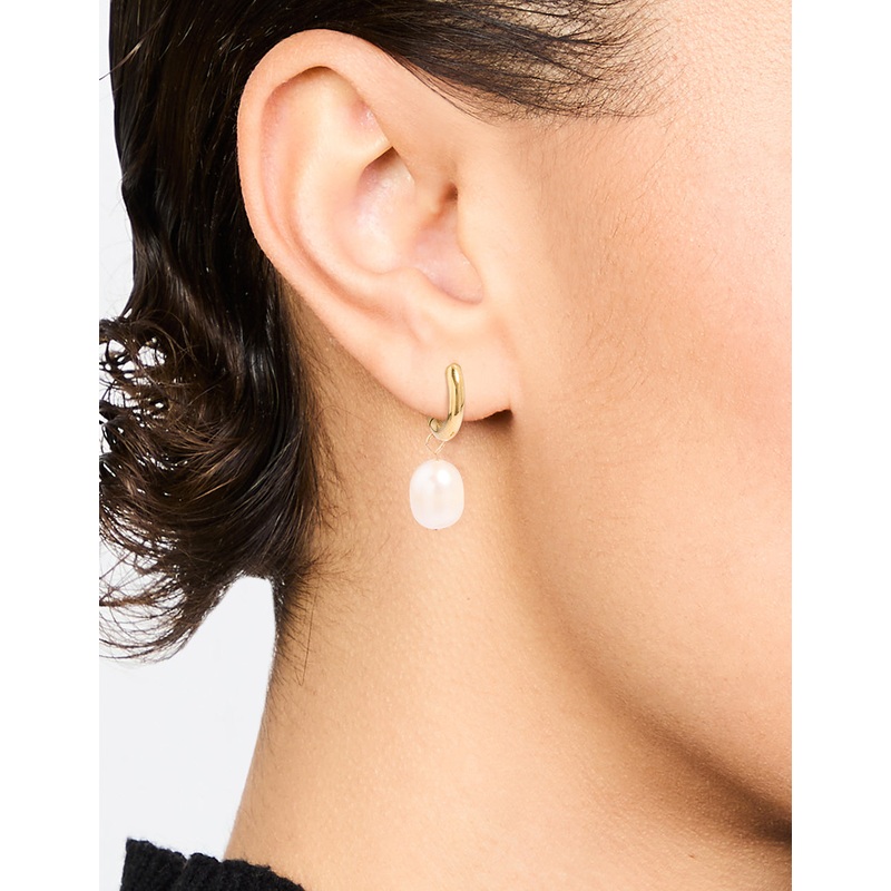 Waterproof Gold Plated Stainless Steel Freshwater Pearl Drop Huggie Earrings