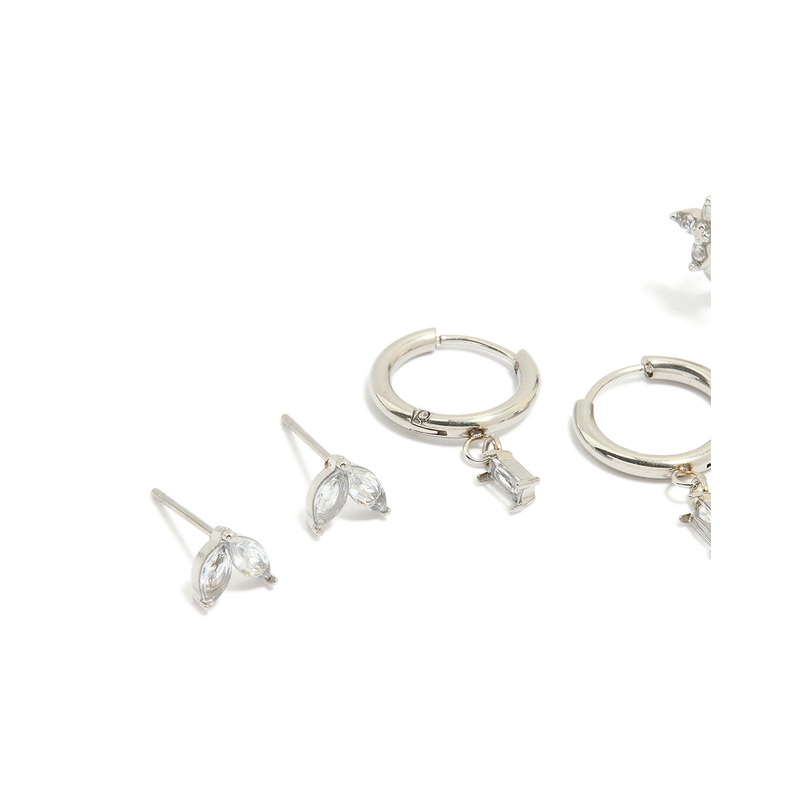 Waterproof Stainless Steel Cubic Zirconia & Baguette Flower Huggie Earrings 4-Pack