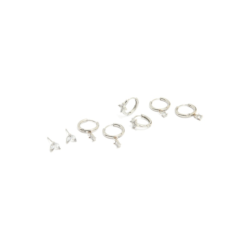 Waterproof Stainless Steel Cubic Zirconia & Baguette Flower Huggie Earrings 4-Pack