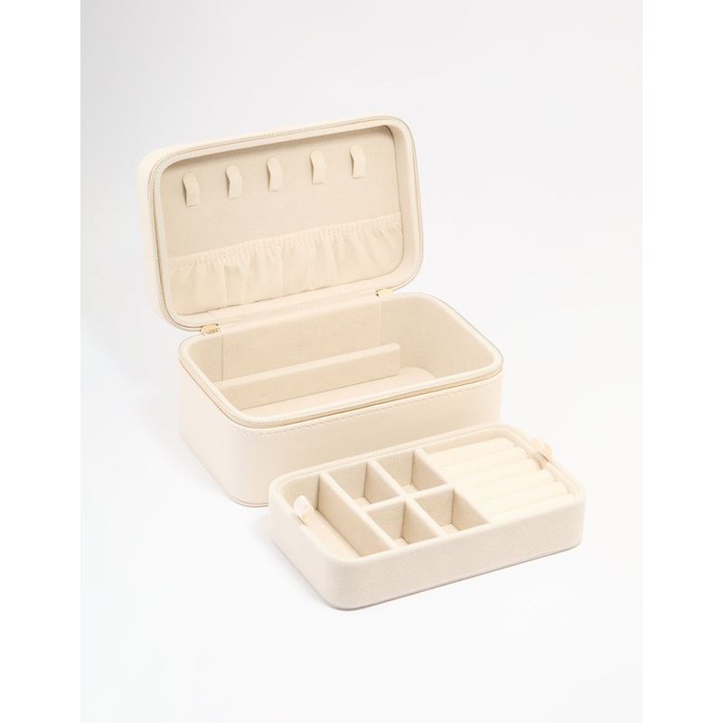 Cream PU Leather Rectangular Layered Jewellery Case