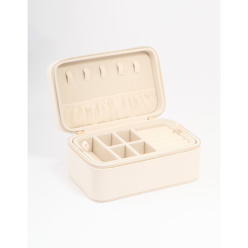 Cream PU Leather Rectangular Layered Jewellery Case