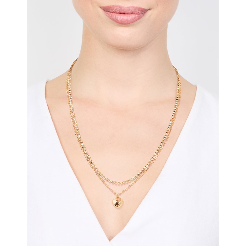 Gold Diamante & Puffy Heart Layered Necklace