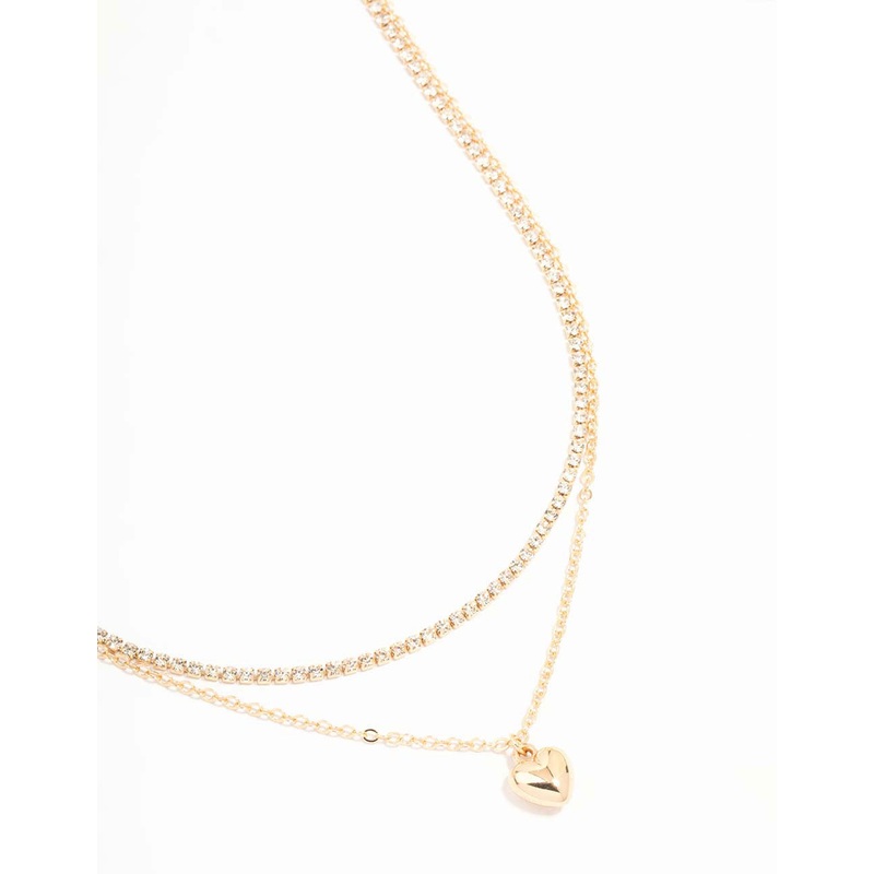 Gold Diamante & Puffy Heart Layered Necklace