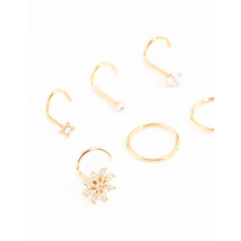 Gold Plated Surgical Steel Cubic Zirconia Flower Nose Ring & Stud 6-Pack