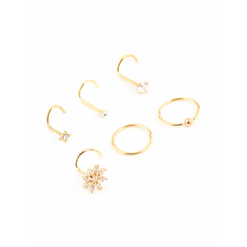 Gold Plated Surgical Steel Cubic Zirconia Flower Nose Ring & Stud 6-Pack