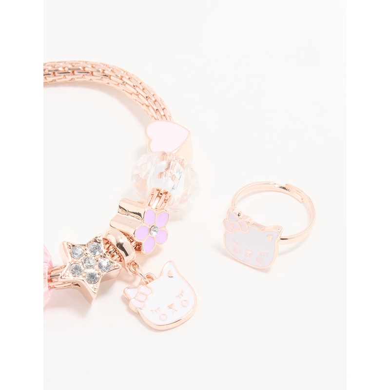 Kids Rose Gold Cat Bracelet & Ring Set