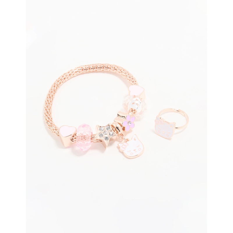 Kids Rose Gold Cat Bracelet & Ring Set