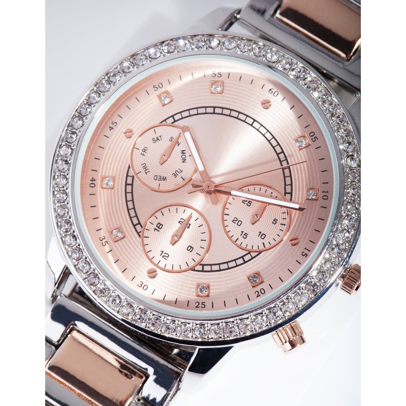 Mixed Metal Diamante Link Strap Watch