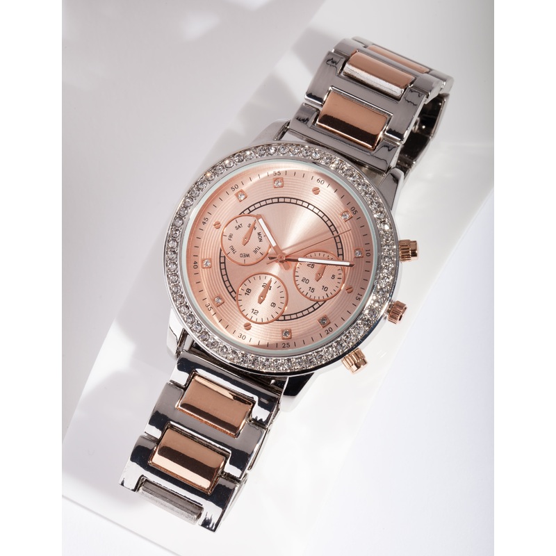 Mixed Metal Diamante Link Strap Watch