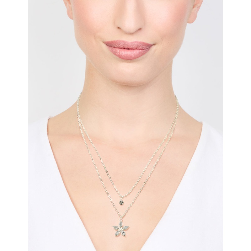 Silver Diamante Flower Layered Necklace