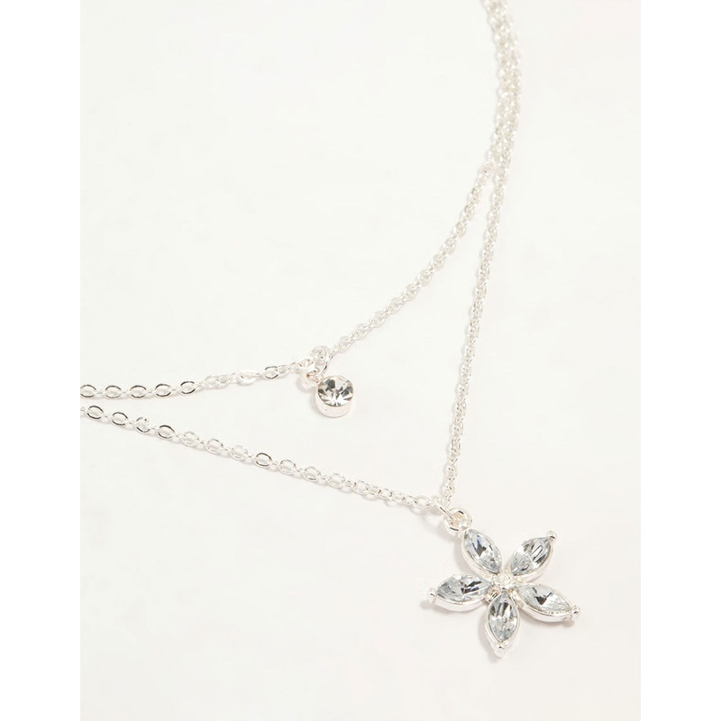 Silver Diamante Flower Layered Necklace