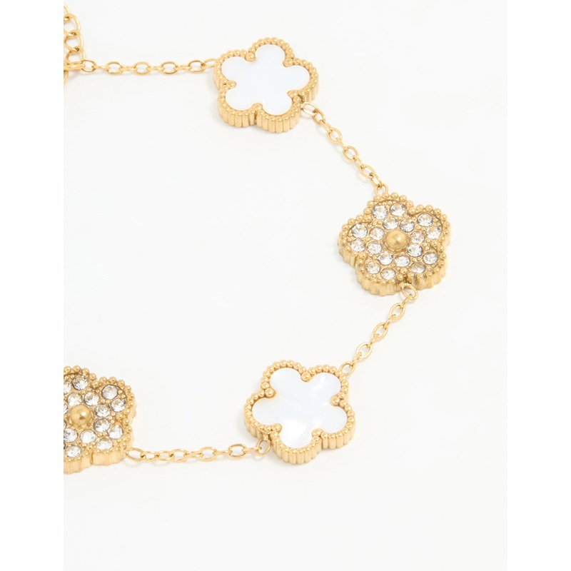 Waterproof Gold Plated Stainless Steel Diamante Flower Bracelet