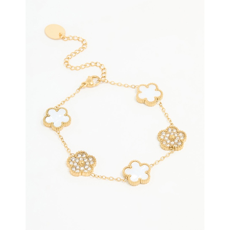 Waterproof Gold Plated Stainless Steel Diamante Flower Bracelet