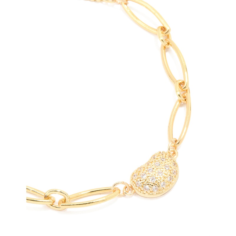 Gold Plated Brass Cubic Zirconia Pebble Chain Link Toggle Bracelet