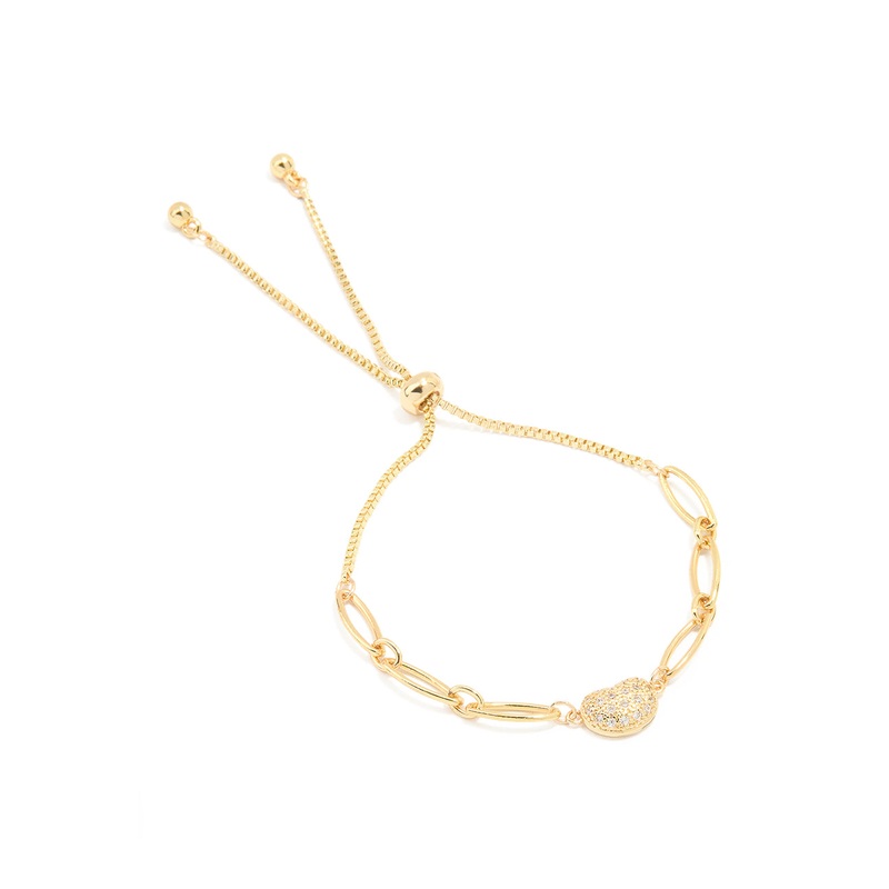 Gold Plated Brass Cubic Zirconia Pebble Chain Link Toggle Bracelet